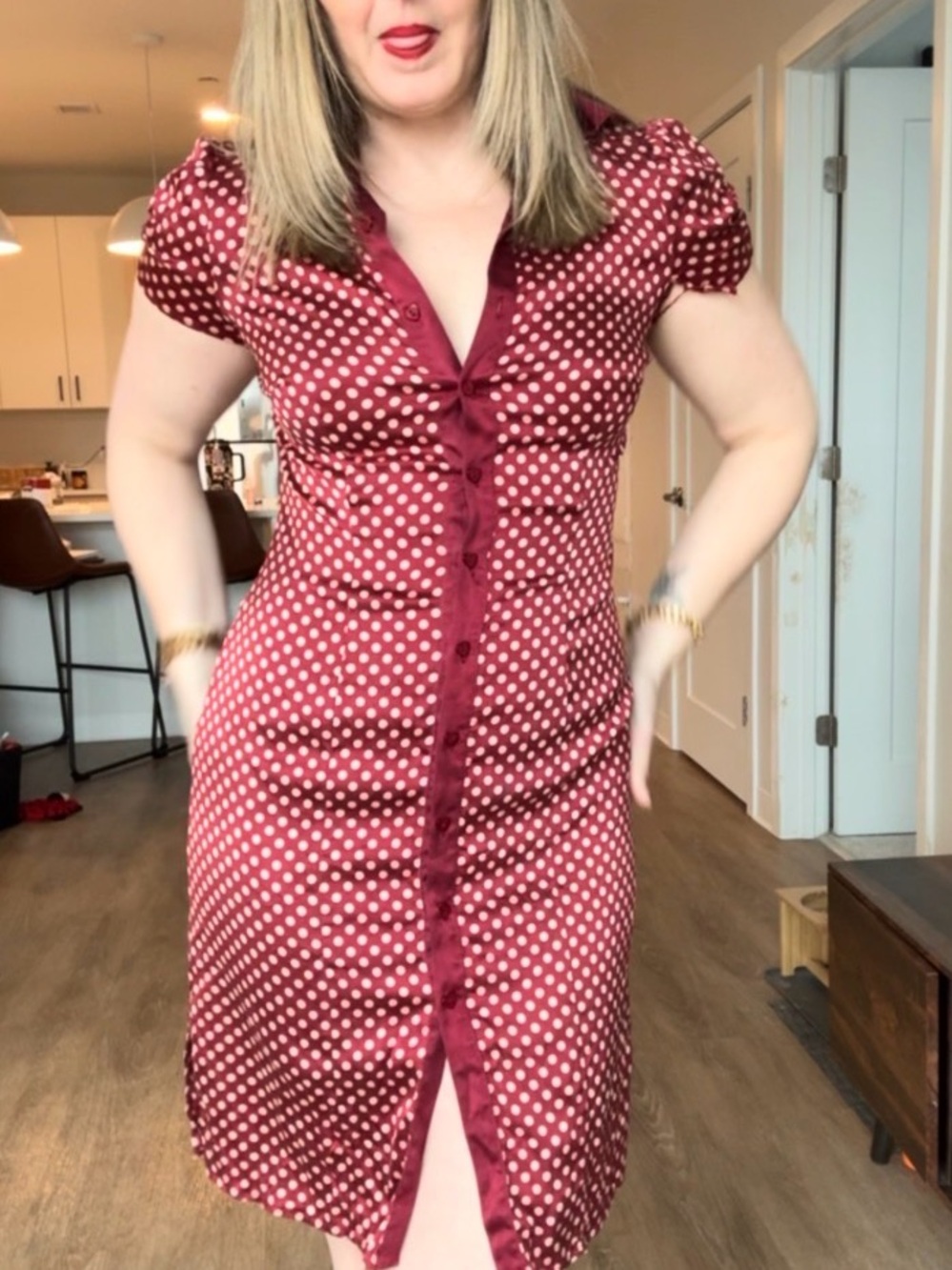 Bebe Burgundy Polka Dot Button-Front Dress